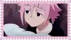 a close up of a pink haired anime girl holding a piece of paper .