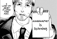 a man in a suit is holding a notepad that says kamgam290 is listening