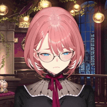 a girl with pink hair and glasses looks sad