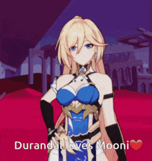 a girl in a blue dress with the words duranda loves mooni on the bottom