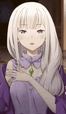 a white haired anime girl with purple eyes and a purple dress
