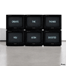 six panasonic televisions are stacked on top of each other with the words create the things you wish existed on the screens
