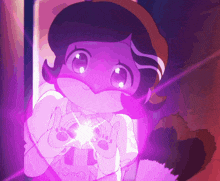 a drawing of a girl with a purple light coming out of her eyes