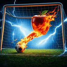 a soccer ball with flames coming out of it and an apple on fire