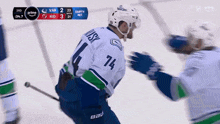 a hockey player with the number 74 on his jersey stands on the ice