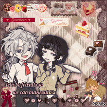 a picture of two anime characters with the words " let 's be friends so we can makeout " on the bottom