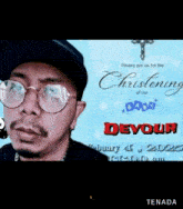 a man wearing glasses and a black hat stands in front of a christening invitation