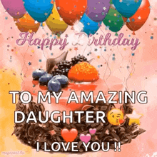 a birthday card for a daughter with a cake and balloons and the words `` to my amazing daughter i love you '' .
