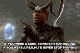 a man with horns and a sword is pointing at another man .