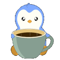 a penguin is sitting in a cup of coffee with its eyes closed