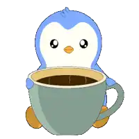 a penguin is sitting in a cup of coffee with its eyes closed