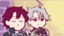 a couple of anime characters are standing next to each other and making funny faces .