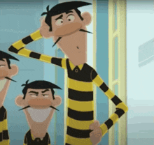 a cartoon character wearing a yellow and black striped shirt with a mustache