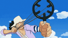 a man in a straw hat is holding a slingshot with a blue sky in the background