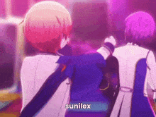 a couple of anime characters standing next to each other with the word sunilex written on the bottom .