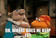 miss piggy is hugging mr. frog and says " ok where does he keep it ? "