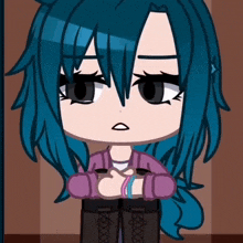 a drawing of a girl with blue hair and a purple jacket