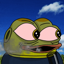 a cartoon of a frog smoking a bong with a blue sky in the background
