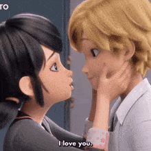 a couple of cartoon characters are touching each other 's faces and one of them says i love you