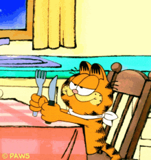 garfield is holding a knife and fork in his hands