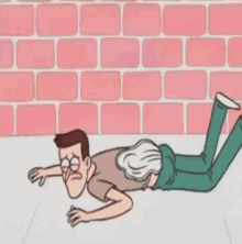 a cartoon of a man laying on the floor with a pig behind him