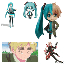 a collage of anime characters including a boy with a guitar and a girl with ponytails