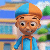 a close up of a cartoon character wearing glasses and a blue and orange hat .