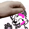 a person is petting a cartoon cat with a pink nose .