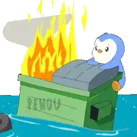 a penguin is sitting on top of a green trash can that says pengu