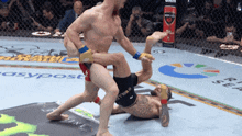 two men are wrestling in a cage with easypost written on the ground