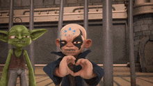 a cartoon character making a heart shape with his hands behind bars