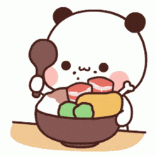 a panda bear is holding a spoon and eating from a bowl of food .