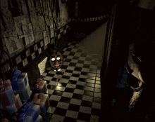 a room with a checkered floor and a few boxes of presents on it