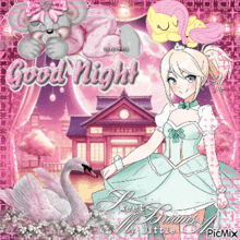 a girl in a white dress is standing next to a swan and says good night