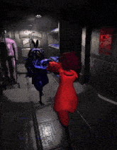 a cartoon character in a red dress is holding a gun in a room