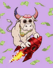 a bull wearing an american flag hat is riding a red rocket with money falling around it