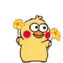 a yellow cartoon chicken is holding two yellow flowers .