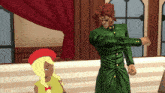 a man in a green suit is standing next to a girl in a red beret
