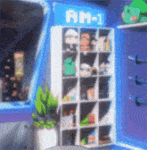 a shelf with a sign that says am-1 above it