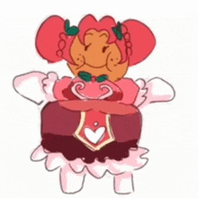 a drawing of a cookie wearing a pink dress and a hat with a heart on it .
