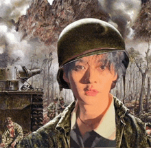 a man wearing a helmet stands in front of a painting of soldiers