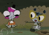 two cartoon characters are standing next to each other with a disney logo in the corner