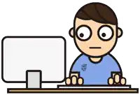 a cartoon of a boy sitting in front of a computer monitor