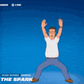 a cartoon of king of the hill standing with his arms outstretched in front of a blue background