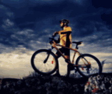 a person standing next to a bicycle on a hill