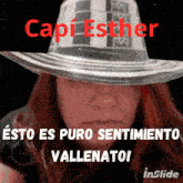 a woman wearing a cowboy hat with the name capi esther written on it