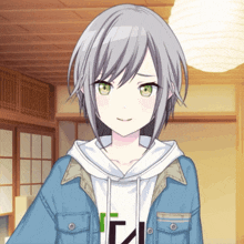 a girl with gray hair and green eyes is wearing a blue jacket and a white hoodie with the letter i on it