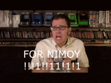 a man playing a video game with the words for nimoy written on the bottom