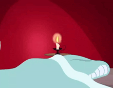 a cartoon character is looking at a lit candle in a candle holder