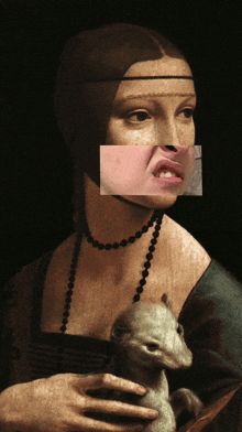 a painting of a woman holding a squirrel with a face on it